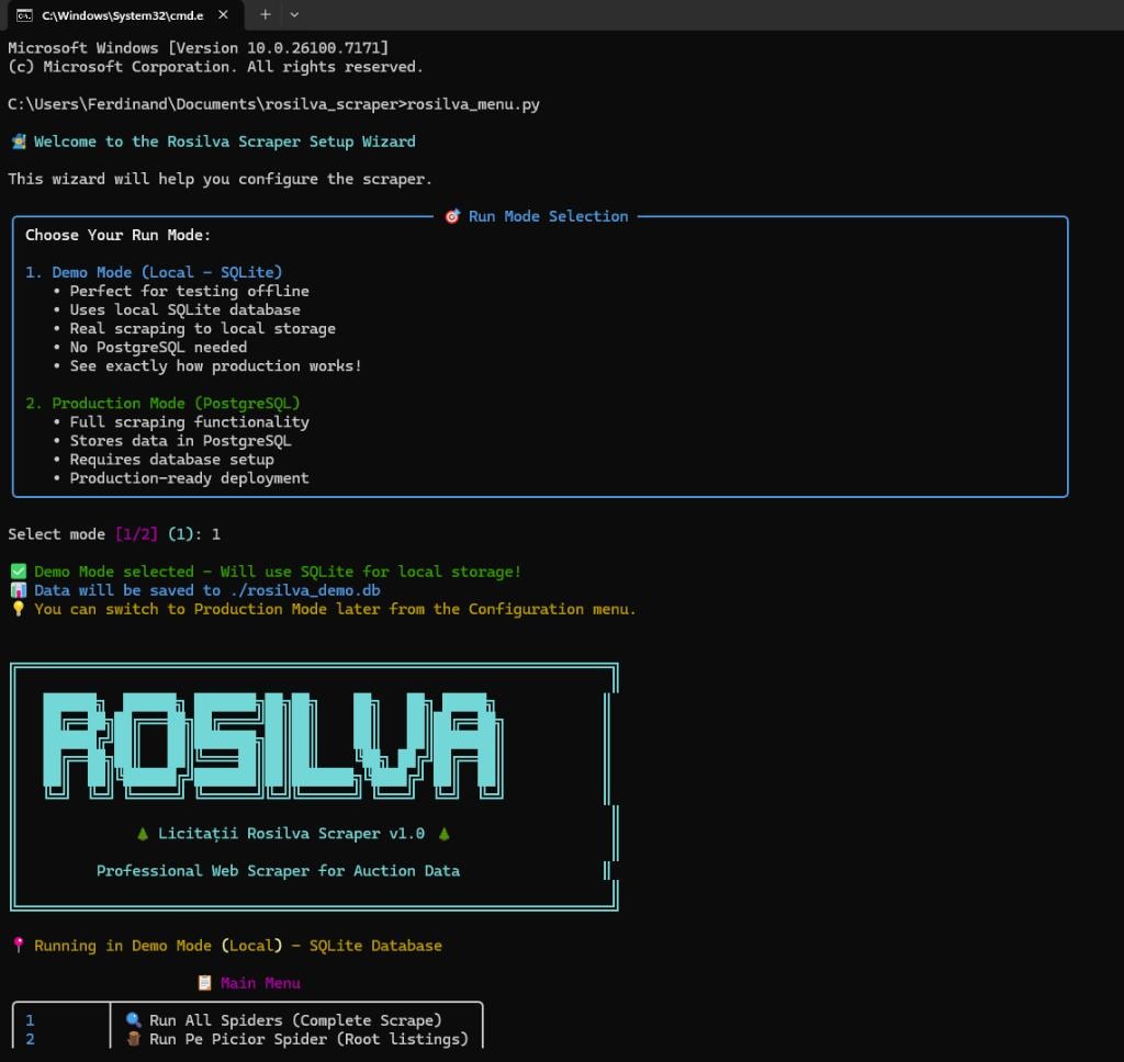 Live scraping run showing main menu, demo database initialization, Pe Picior spider progress across 53 listings and 53 detail pages with real-time log output