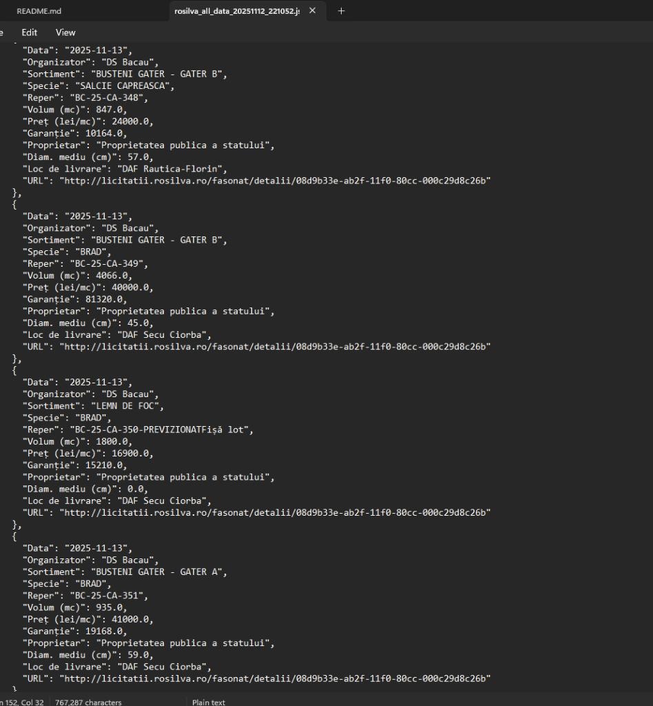 JSON export file showing extracted auction records with structured fields including date, organizer, category, species, reference, volume, price, guarantee, owner, diameter, delivery location and source URL