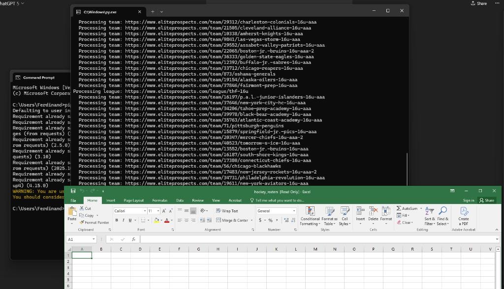 Command prompt processing a spreadsheet of team URLs — five-file batch mode with per-file timing and transfer-speed measurement.